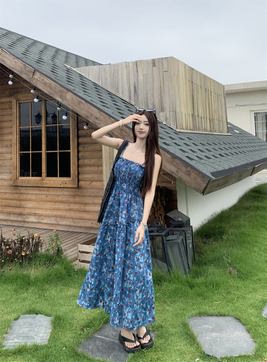 실사 정가 휴가 바람 레트로 꽃무늬 슬립 여성 드레스 여름 디자인 불규칙 허리 수축 슬림해 보이는 A라인 스커트 상세 이미지 15