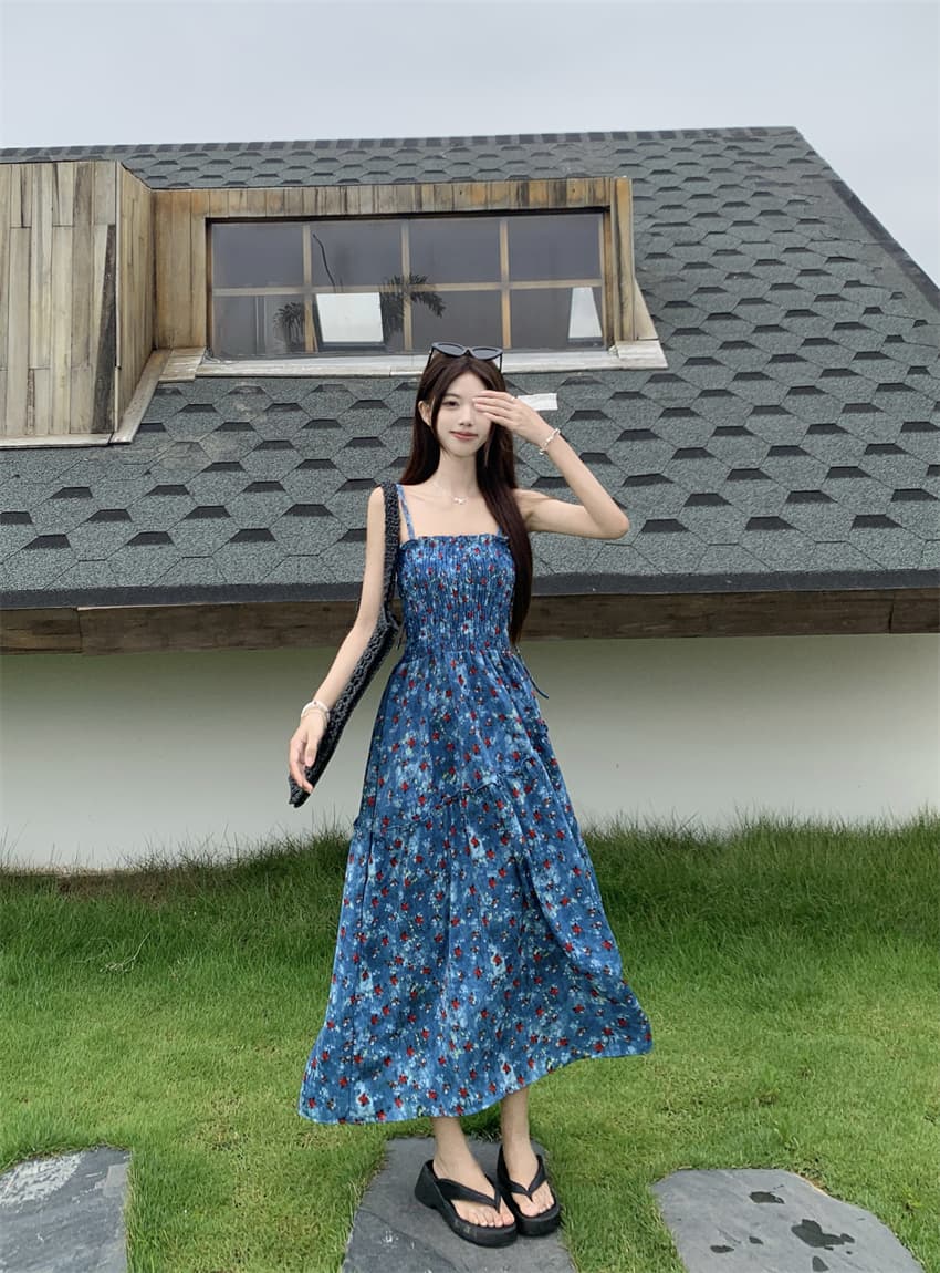 실사 정가 휴가 바람 레트로 꽃무늬 슬립 여성 드레스 여름 디자인 불규칙 허리 수축 슬림해 보이는 A라인 스커트 상세 이미지 17