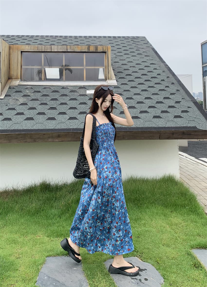 실사 정가 휴가 바람 레트로 꽃무늬 슬립 여성 드레스 여름 디자인 불규칙 허리 수축 슬림해 보이는 A라인 스커트 상세 이미지 18