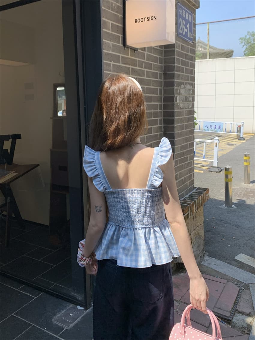 실사 정가 파란색 체크무늬 작은 날다 소매 여성 셔츠 여름 2026 새로운 고유 한 슬립 품격 아름다운 맨위 상세 이미지 13