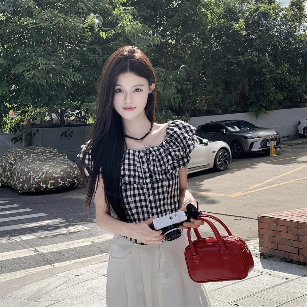 실사 정가 여성 의류 여름 새로운 체크무늬 오프숄더 둘 착용 셔츠 핫걸 쇼트 스타일 허리 수축 슬림해 보이는 맨위 여성 이미지 5