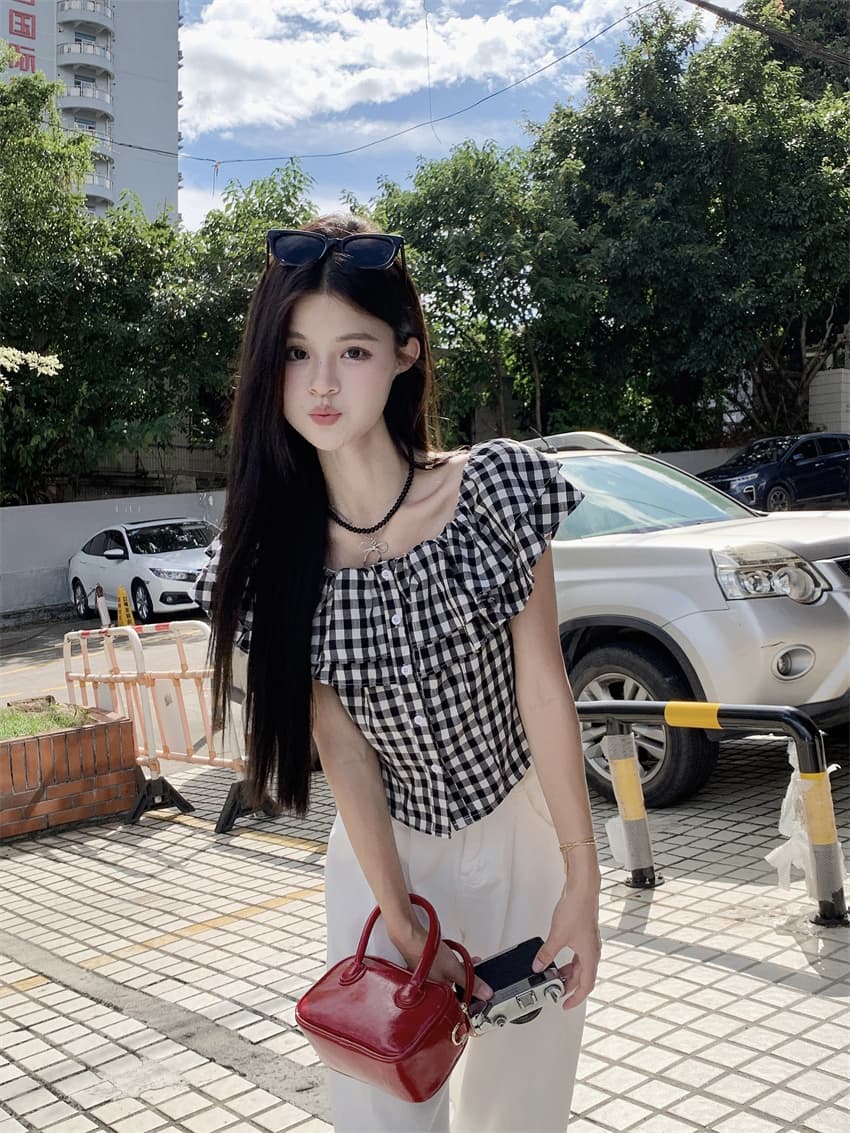 실사 정가 여성 의류 여름 새로운 체크무늬 오프숄더 둘 착용 셔츠 핫걸 쇼트 스타일 허리 수축 슬림해 보이는 맨위 여성 상세 이미지 4