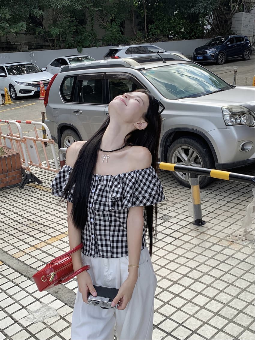 실사 정가 여성 의류 여름 새로운 체크무늬 오프숄더 둘 착용 셔츠 핫걸 쇼트 스타일 허리 수축 슬림해 보이는 맨위 여성 상세 이미지 6