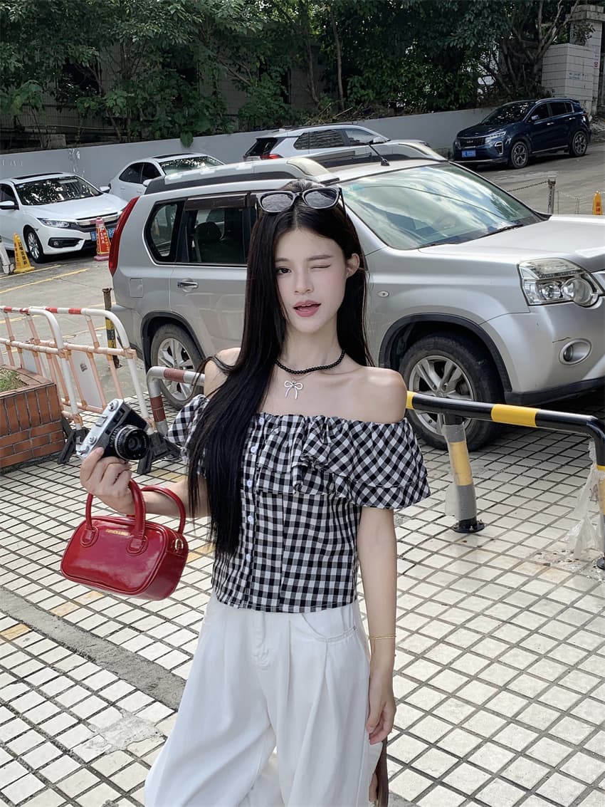 실사 정가 여성 의류 여름 새로운 체크무늬 오프숄더 둘 착용 셔츠 핫걸 쇼트 스타일 허리 수축 슬림해 보이는 맨위 여성 상세 이미지 7
