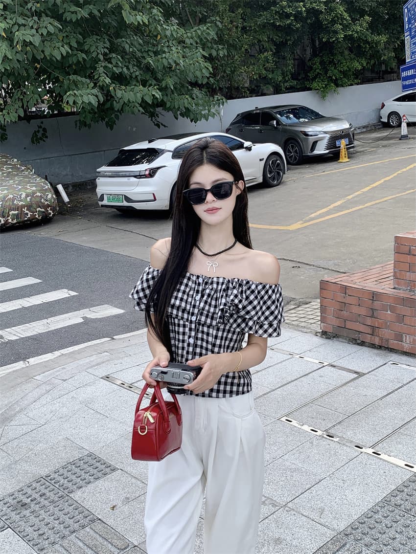 실사 정가 여성 의류 여름 새로운 체크무늬 오프숄더 둘 착용 셔츠 핫걸 쇼트 스타일 허리 수축 슬림해 보이는 맨위 여성 상세 이미지 9