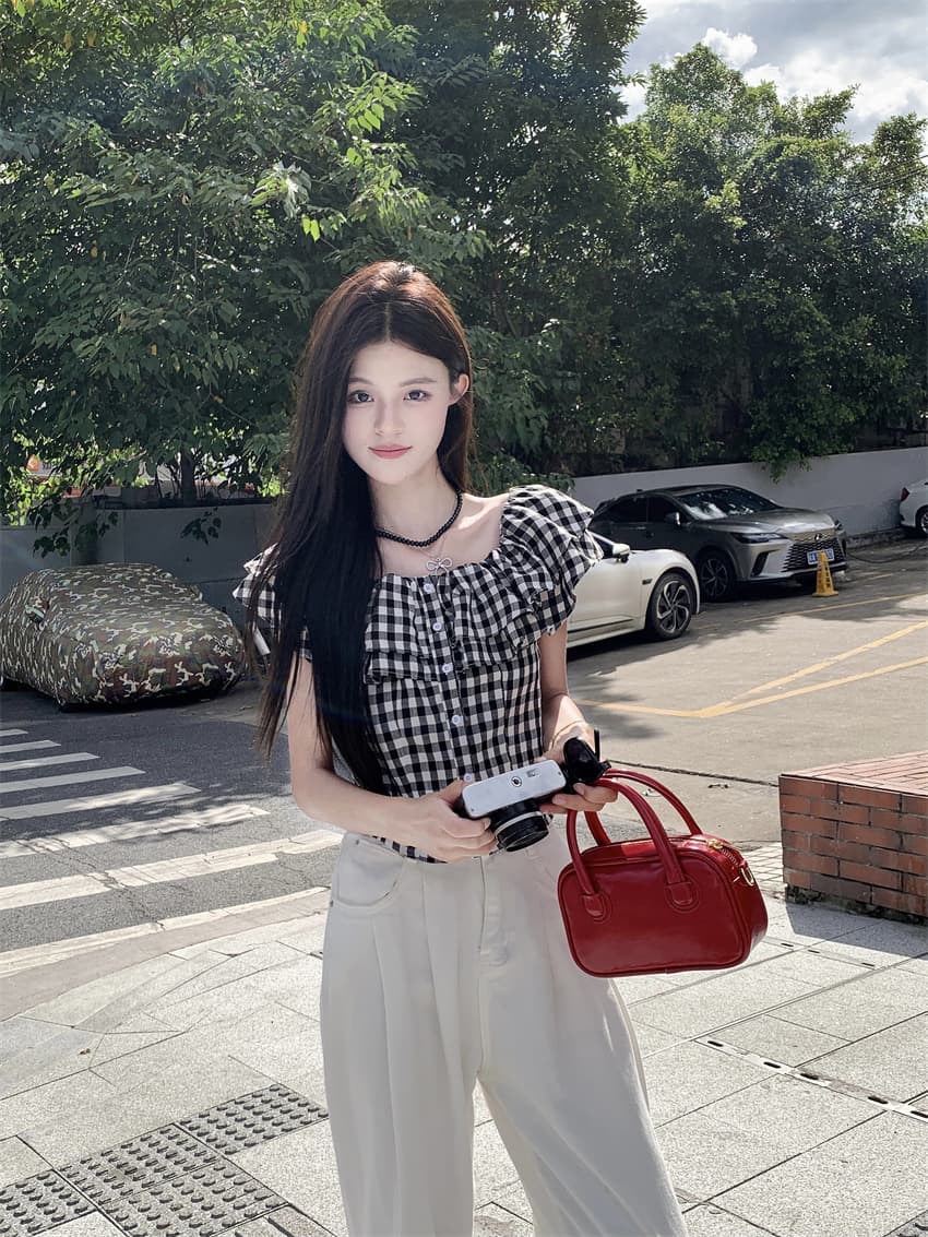 실사 정가 여성 의류 여름 새로운 체크무늬 오프숄더 둘 착용 셔츠 핫걸 쇼트 스타일 허리 수축 슬림해 보이는 맨위 여성 상세 이미지 12