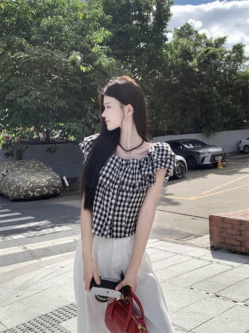 실사 정가 여성 의류 여름 새로운 체크무늬 오프숄더 둘 착용 셔츠 핫걸 쇼트 스타일 허리 수축 슬림해 보이는 맨위 여성 상세 이미지 13