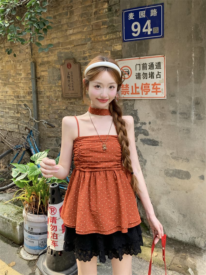 실사 정가 한 부서 미니멀리즘 바람 작은 대중 디자인 센스 슬립 새로운 허리 수축 슬림해 보이는 리본 민소매 맨위 여성 이미지 3