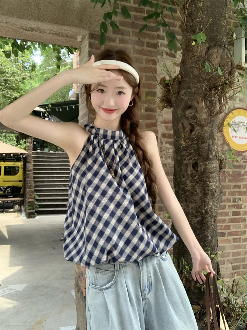 실사 정가 레트로 체크무늬 꽃밭 조끼 2026 여름 새로운 품격 달콤함 슬림해 보이는 행침 목 맨위 이미지 2