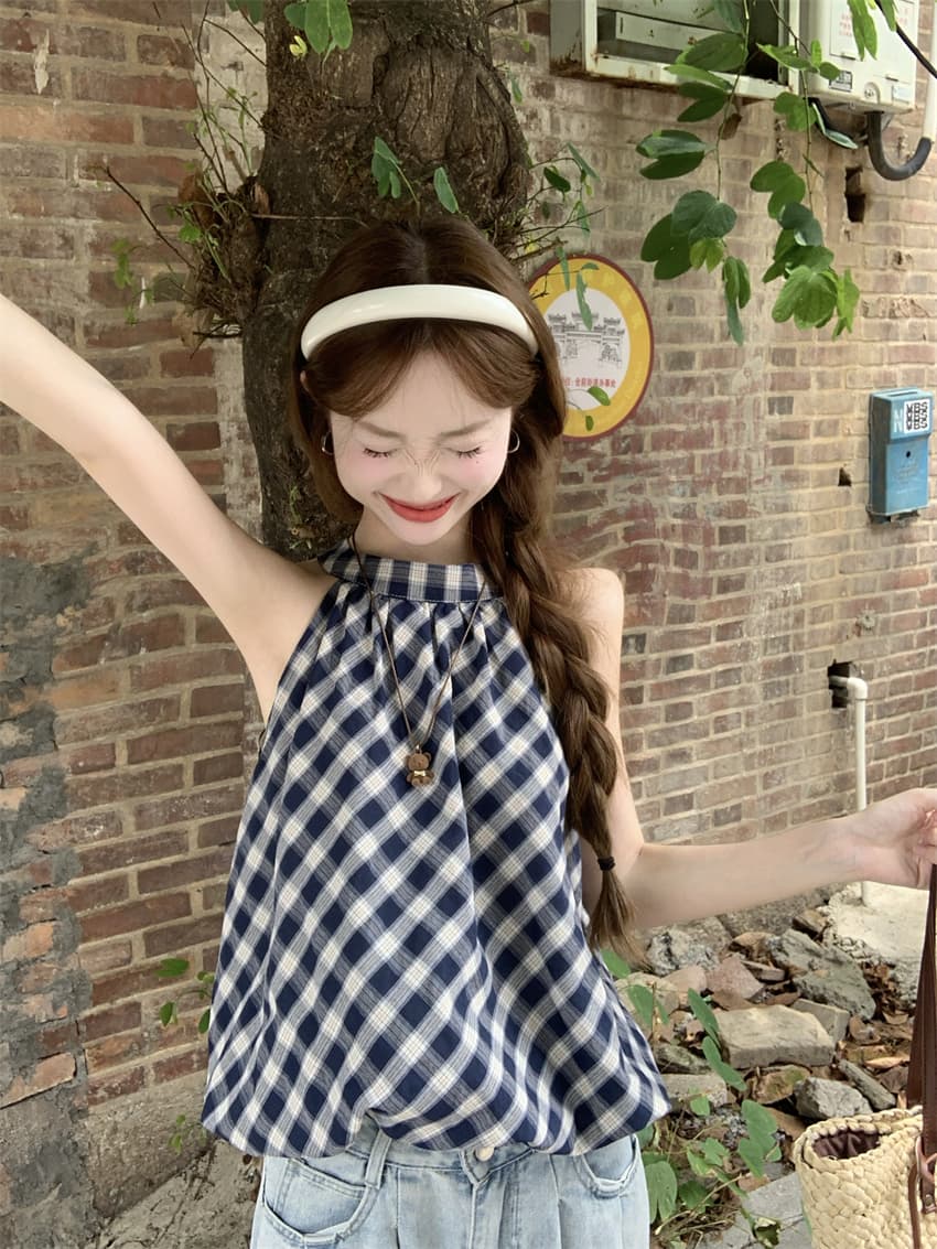 실사 정가 레트로 체크무늬 꽃밭 조끼 2026 여름 새로운 품격 달콤함 슬림해 보이는 행침 목 맨위 이미지 3