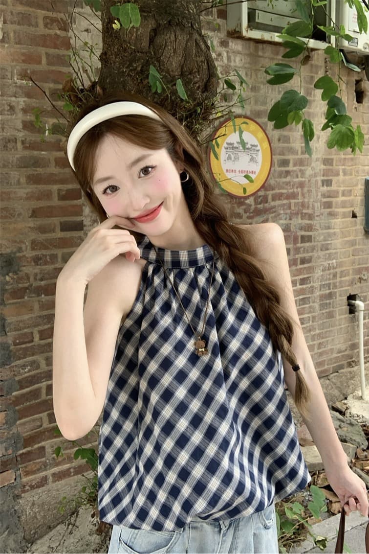 실사 정가 레트로 체크무늬 꽃밭 조끼 2026 여름 새로운 품격 달콤함 슬림해 보이는 행침 목 맨위 이미지 6