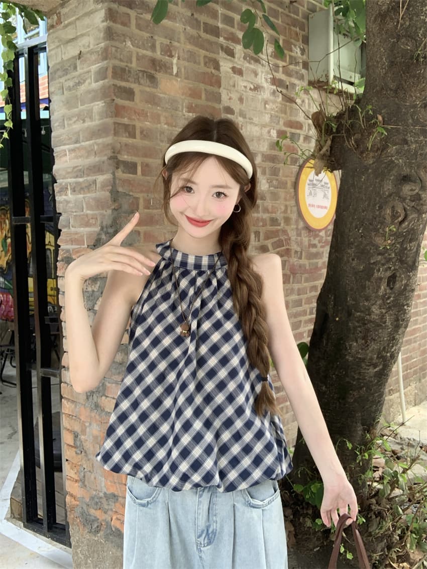 실사 정가 레트로 체크무늬 꽃밭 조끼 2026 여름 새로운 품격 달콤함 슬림해 보이는 행침 목 맨위 상세 이미지 1