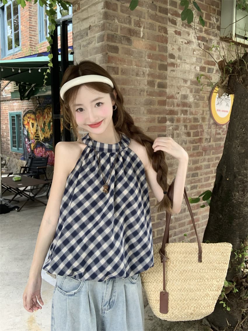 실사 정가 레트로 체크무늬 꽃밭 조끼 2026 여름 새로운 품격 달콤함 슬림해 보이는 행침 목 맨위 상세 이미지 4