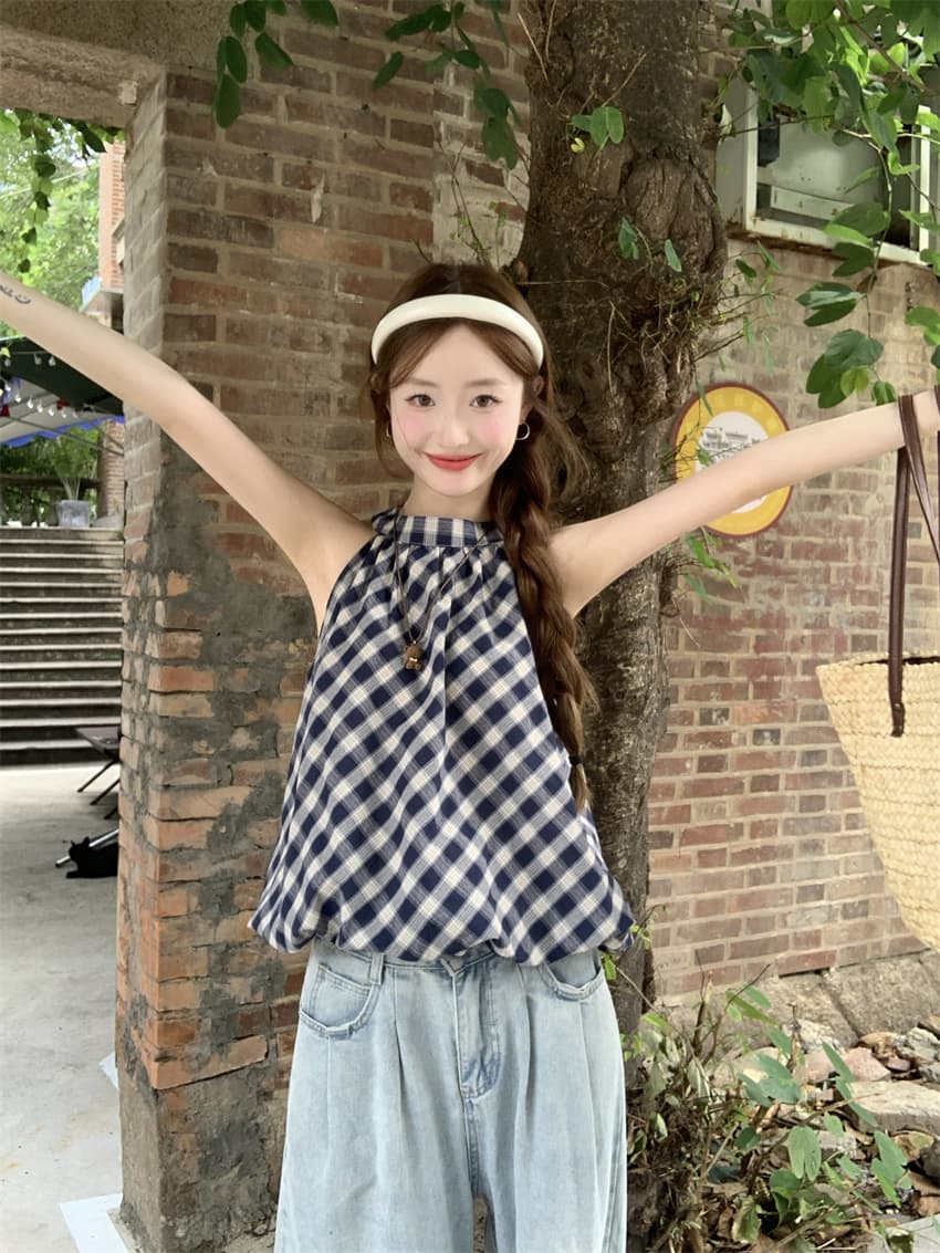 실사 정가 레트로 체크무늬 꽃밭 조끼 2026 여름 새로운 품격 달콤함 슬림해 보이는 행침 목 맨위 상세 이미지 6