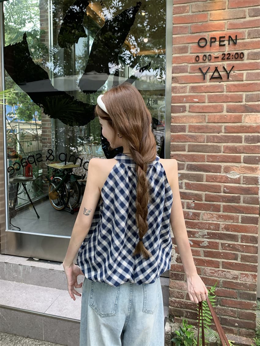 실사 정가 레트로 체크무늬 꽃밭 조끼 2026 여름 새로운 품격 달콤함 슬림해 보이는 행침 목 맨위 상세 이미지 7
