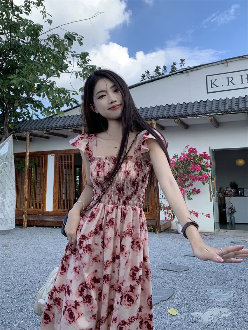 실사 정가 프랑스식 장미 프린트 작은 날다 소매 여성 드레스 여름 2026 새로운 쉬폰 허리 수축 치마 상세 이미지 2