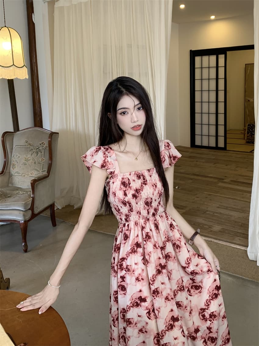 실사 정가 프랑스식 장미 프린트 작은 날다 소매 여성 드레스 여름 2026 새로운 쉬폰 허리 수축 치마 상세 이미지 6