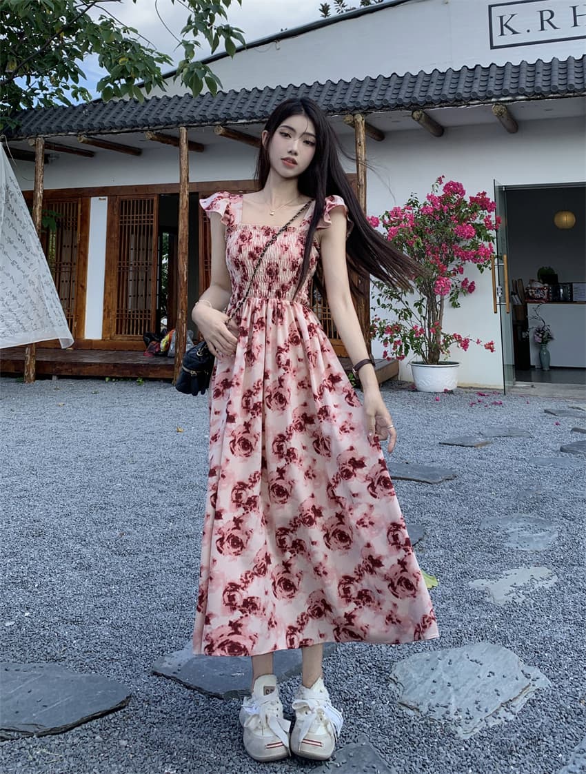 실사 정가 프랑스식 장미 프린트 작은 날다 소매 여성 드레스 여름 2026 새로운 쉬폰 허리 수축 치마 상세 이미지 15