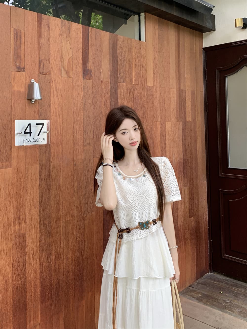 실사 정가 민족 스타일 홀로우 아웃 니트 블라우스 여름 보헤미안 맨위 경기 케이크 반신 스커트 투피스 세트 상세 이미지 18