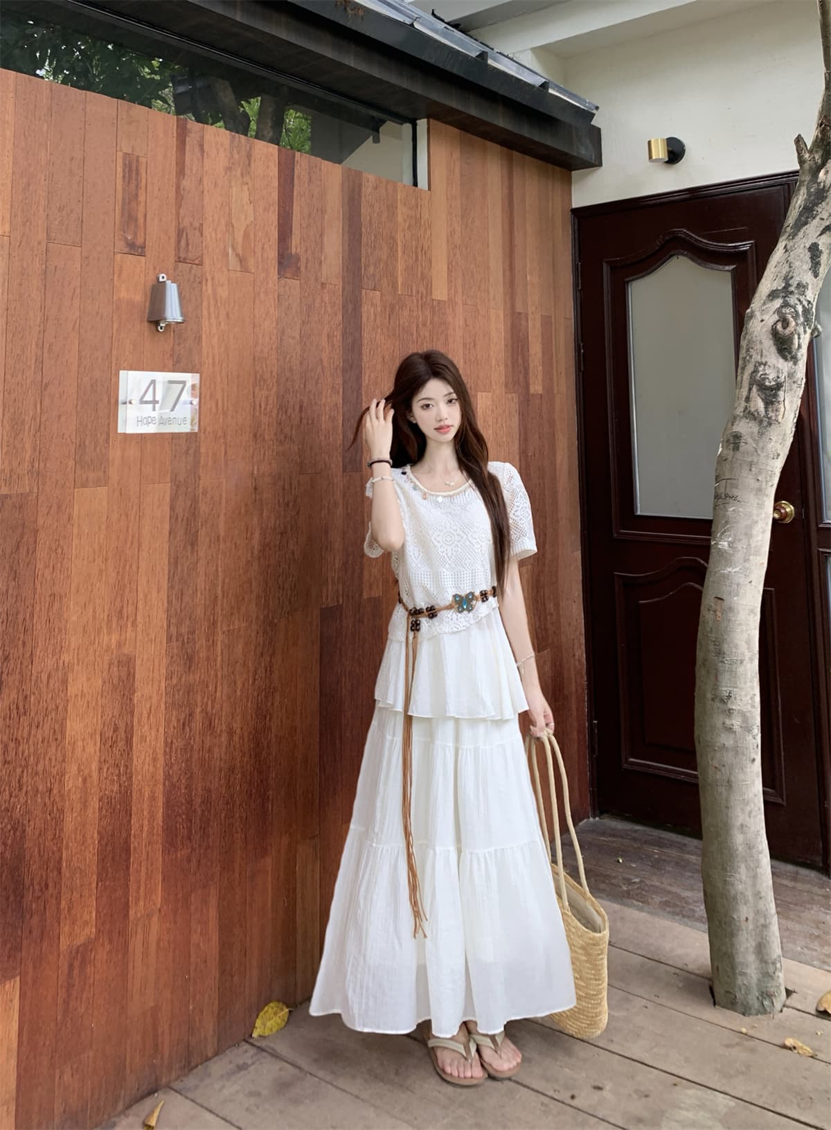 실사 정가 민족 스타일 홀로우 아웃 니트 블라우스 여름 보헤미안 맨위 경기 케이크 반신 스커트 투피스 세트 이미지 2