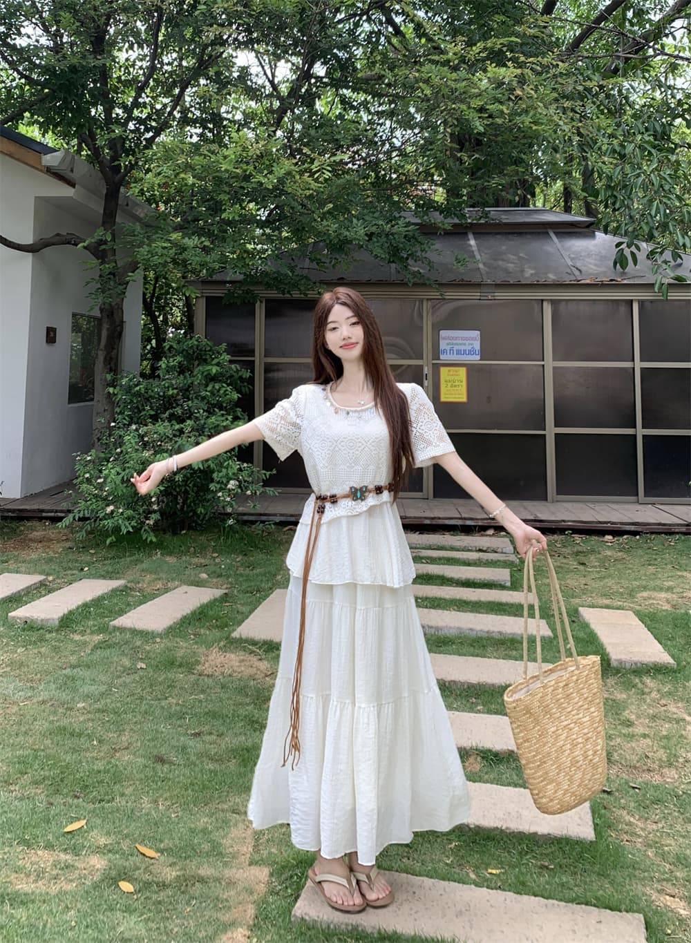 실사 정가 민족 스타일 홀로우 아웃 니트 블라우스 여름 보헤미안 맨위 경기 케이크 반신 스커트 투피스 세트 상세 이미지 12