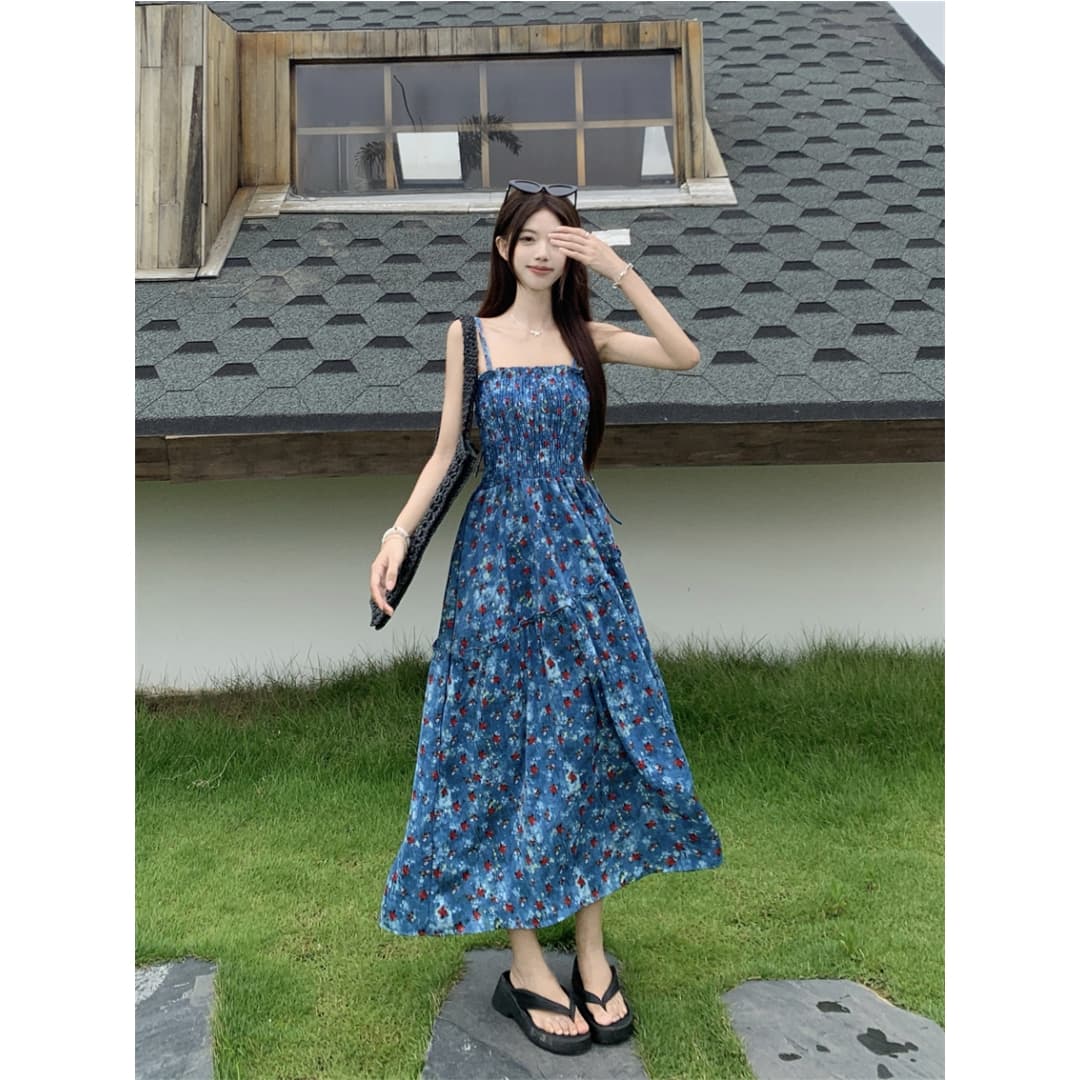 실사 정가 여름 디자인 불규칙 허리 수축 슬림해 보이는 A라인 스커트 휴가 바람 레트로 꽃무늬 슬립 여성 드레스 이미지 5