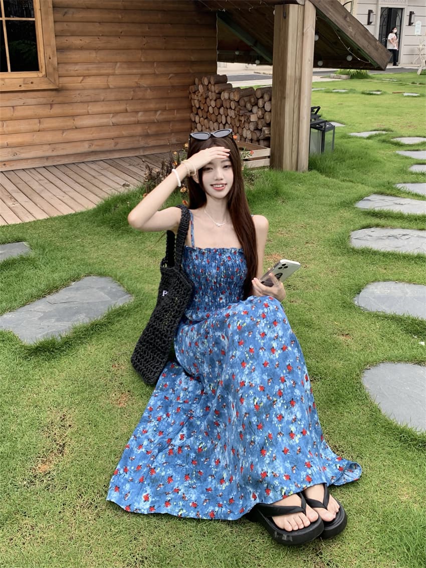 실사 정가 여름 디자인 불규칙 허리 수축 슬림해 보이는 A라인 스커트 휴가 바람 레트로 꽃무늬 슬립 여성 드레스 상세 이미지 2