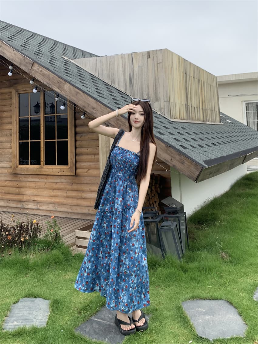 실사 정가 여름 디자인 불규칙 허리 수축 슬림해 보이는 A라인 스커트 휴가 바람 레트로 꽃무늬 슬립 여성 드레스 상세 이미지 4