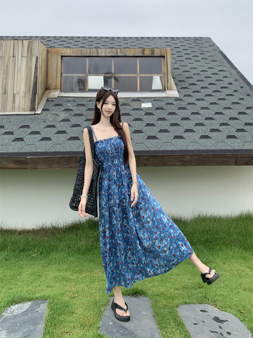 실사 정가 여름 디자인 불규칙 허리 수축 슬림해 보이는 A라인 스커트 휴가 바람 레트로 꽃무늬 슬립 여성 드레스 상세 이미지 5