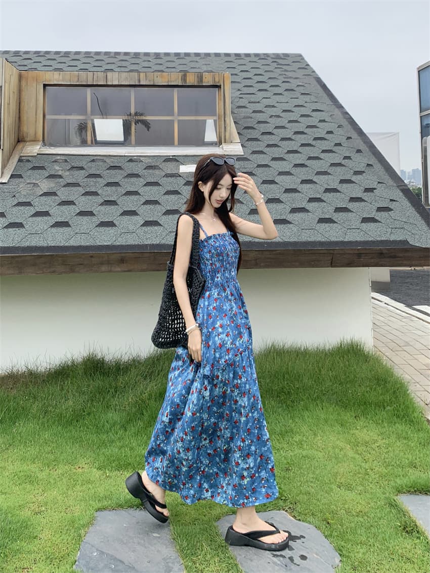실사 정가 여름 디자인 불규칙 허리 수축 슬림해 보이는 A라인 스커트 휴가 바람 레트로 꽃무늬 슬립 여성 드레스 상세 이미지 7