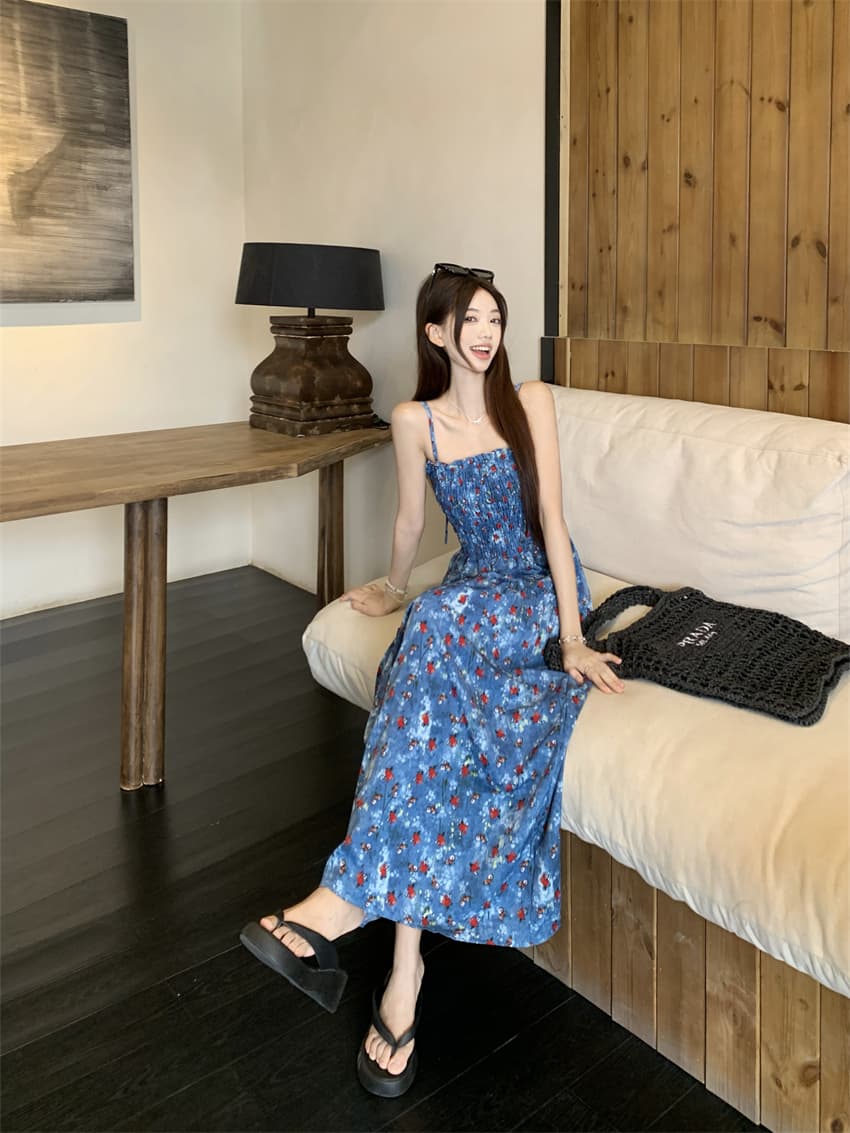 실사 정가 여름 디자인 불규칙 허리 수축 슬림해 보이는 A라인 스커트 휴가 바람 레트로 꽃무늬 슬립 여성 드레스 상세 이미지 13