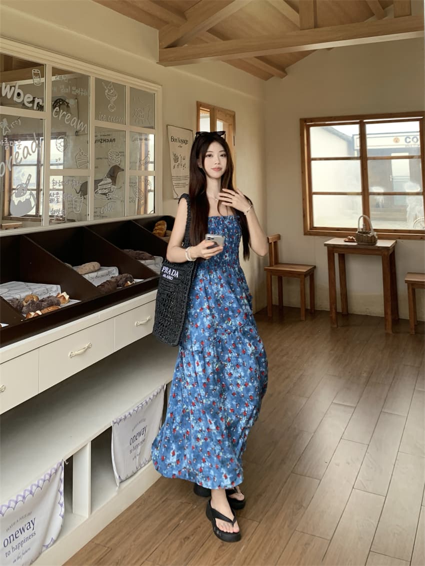 실사 정가 여름 디자인 불규칙 허리 수축 슬림해 보이는 A라인 스커트 휴가 바람 레트로 꽃무늬 슬립 여성 드레스 상세 이미지 16