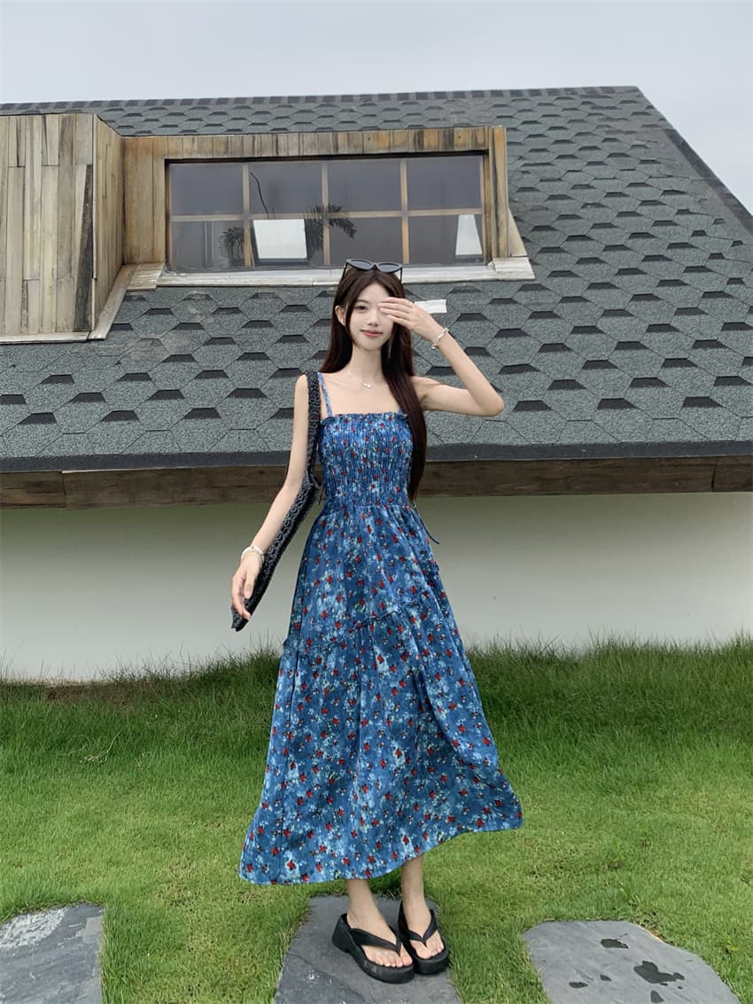 실사 정가 여름 디자인 불규칙 허리 수축 슬림해 보이는 A라인 스커트 휴가 바람 레트로 꽃무늬 슬립 여성 드레스 상세 이미지 18