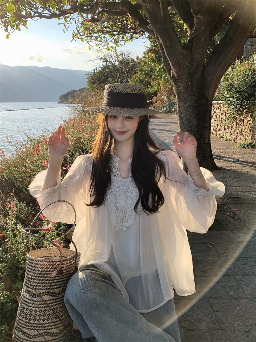실사 정가 2026 새로운 레트로 우아함 3 차원 자수 레이스 조각 쉬폰 블라우스 슬립 여성 루즈핏 이미지 3
