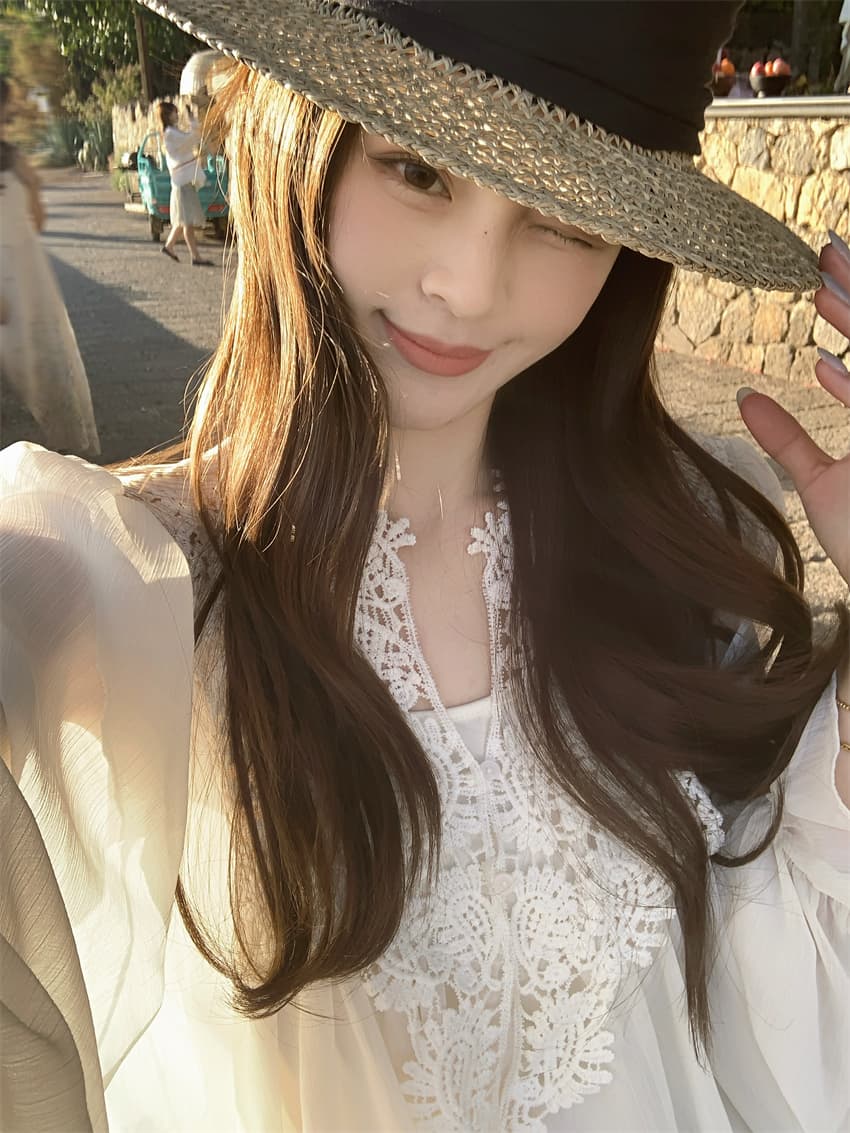 실사 정가 2026 새로운 레트로 우아함 3 차원 자수 레이스 조각 쉬폰 블라우스 슬립 여성 루즈핏 상세 이미지 6