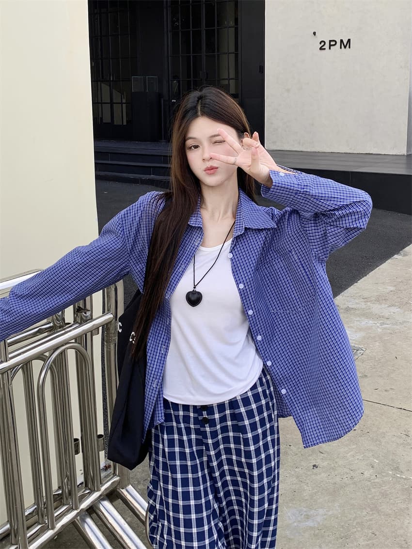 실사 정가 아메리칸 레트로 파란색 격자 무늬 셔츠 계절 느긋한 바람 여성 루즈핏 셔츠 재킷 긴팔 맨위 상세 이미지 4