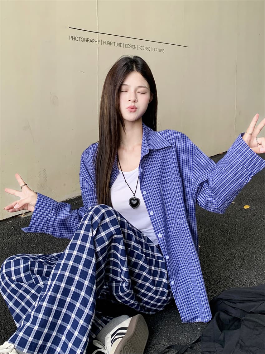 실사 정가 아메리칸 레트로 파란색 격자 무늬 셔츠 계절 느긋한 바람 여성 루즈핏 셔츠 재킷 긴팔 맨위 상세 이미지 8