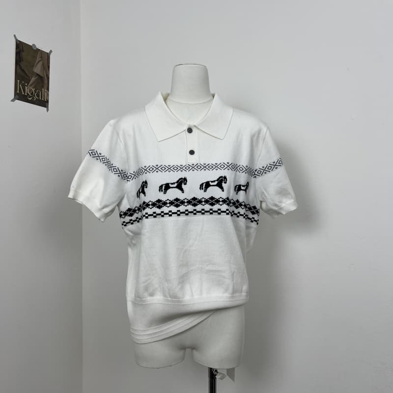 clearform 조용한 새끼 작은 말 공정한 섬 자카드 폴로 칼라 통기성 편안함 polo 니트 스웨터 반팔 tee