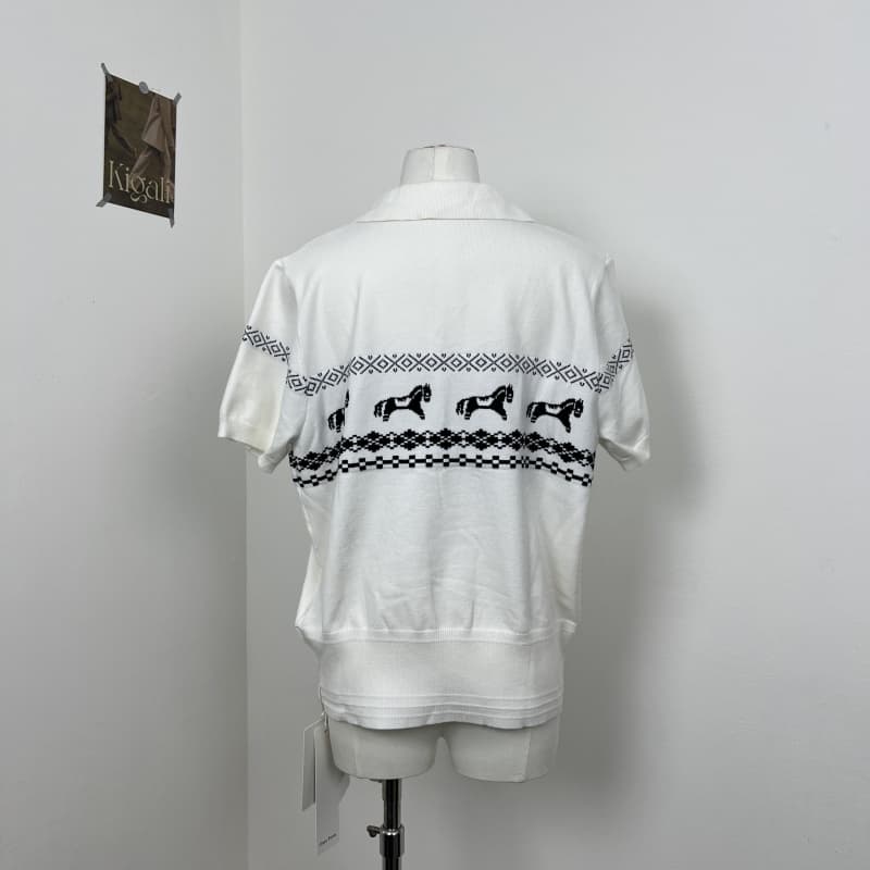 clearform 조용한 새끼 작은 말 공정한 섬 자카드 폴로 칼라 통기성 편안함 polo 니트 스웨터 반팔 tee 이미지 2