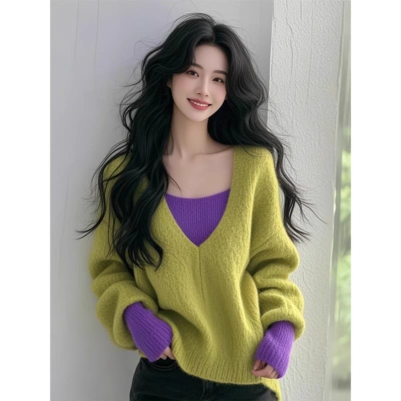 패치워크 페이크 레이어드 V넥 스웨터 여성 의류 2025 가을 겨울철 아름다운 잘 생긴 도파민 니트 스웨터 맨위 상세 이미지 4
