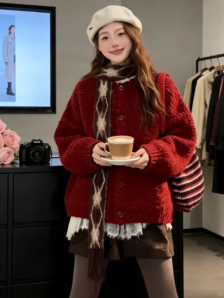 한 부서 부드러운 찹쌀 레트로 두꺼운 신년 빨간색 스웨터 오픈 가디건 여성 겨울 루즈핏 슬림해 보이는 싱글 줄 버튼 니트 재킷 이미지 4