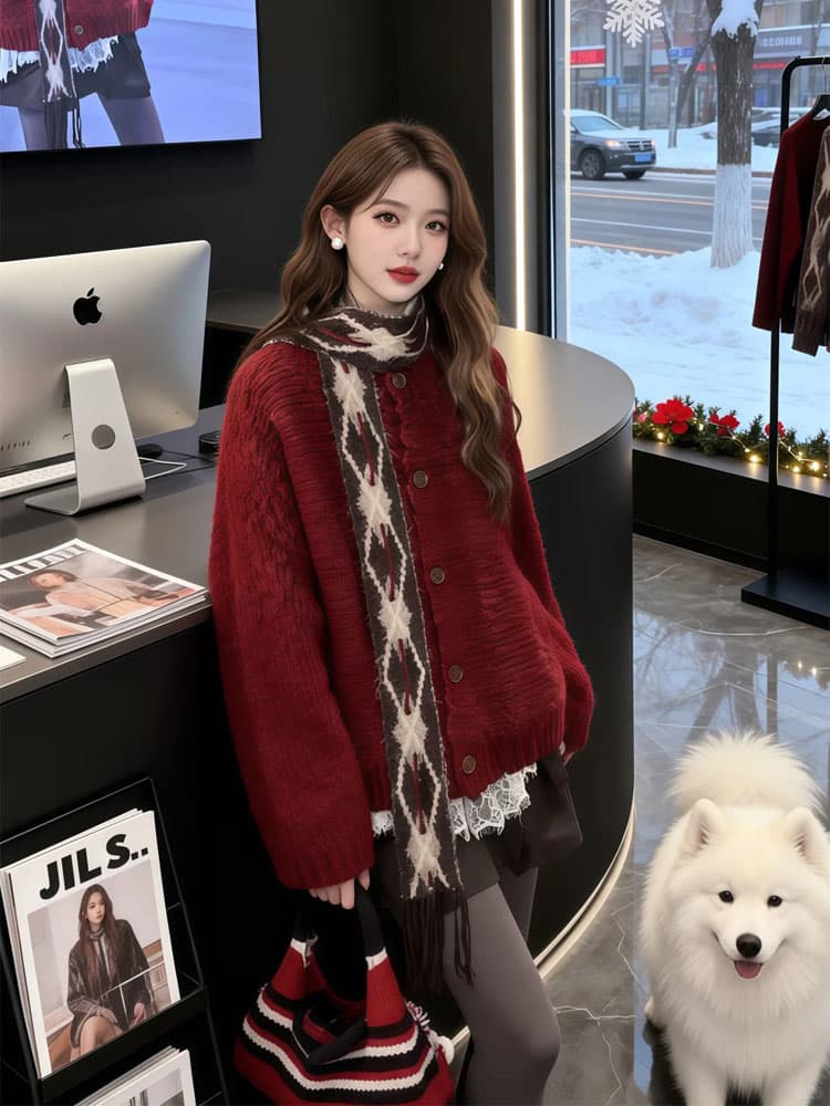 한 부서 부드러운 찹쌀 레트로 두꺼운 신년 빨간색 스웨터 오픈 가디건 여성 겨울 루즈핏 슬림해 보이는 싱글 줄 버튼 니트 재킷 이미지 2