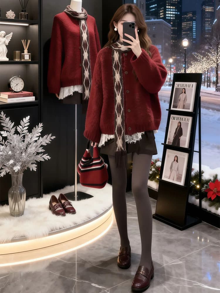 한 부서 부드러운 찹쌀 레트로 두꺼운 신년 빨간색 스웨터 오픈 가디건 여성 겨울 루즈핏 슬림해 보이는 싱글 줄 버튼 니트 재킷 이미지 3