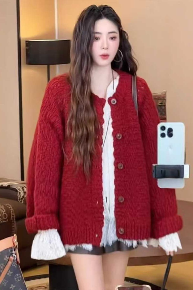 한 부서 부드러운 찹쌀 레트로 두꺼운 신년 빨간색 스웨터 오픈 가디건 여성 겨울 루즈핏 슬림해 보이는 싱글 줄 버튼 니트 재킷 이미지 7