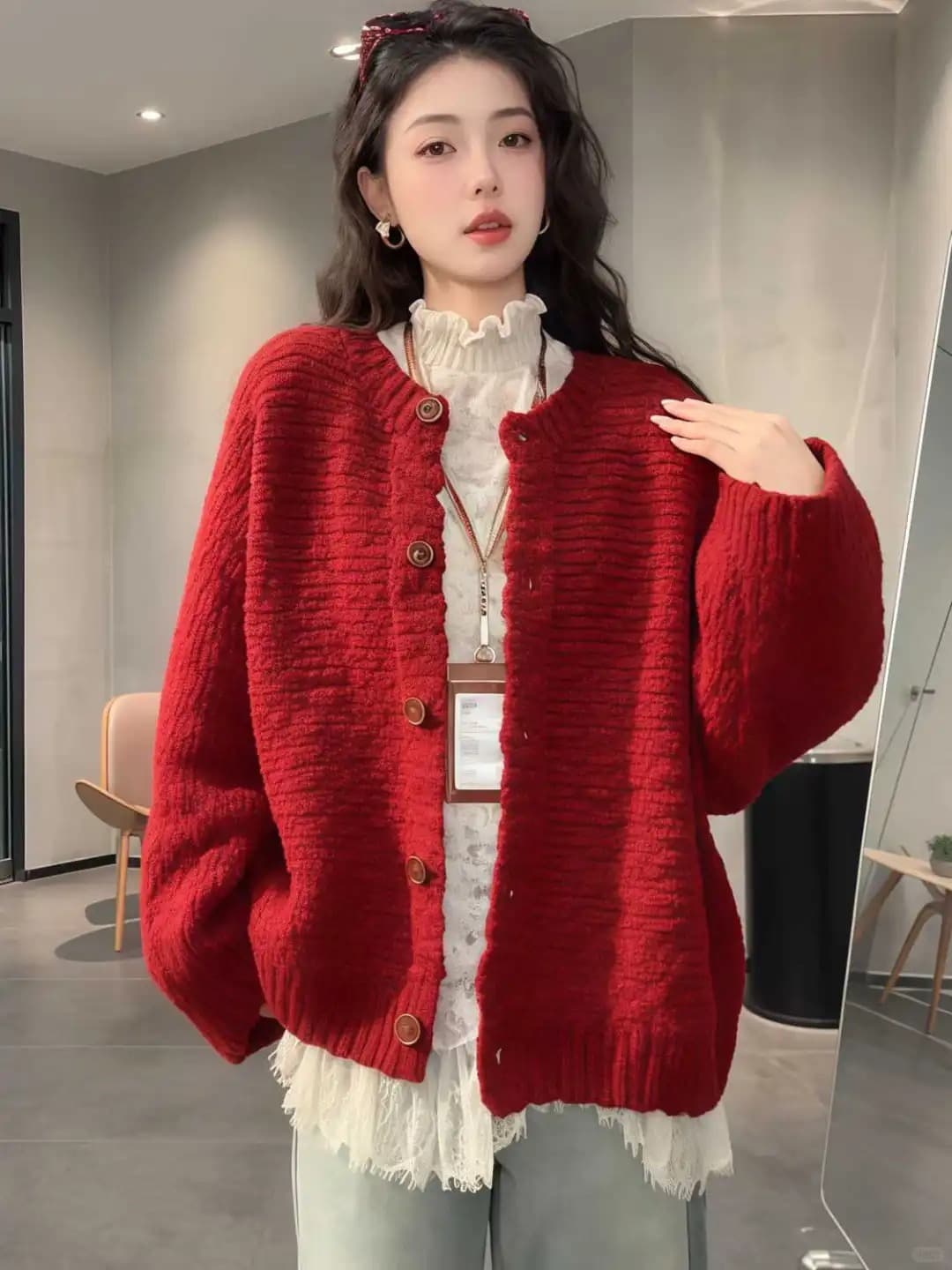 한 부서 부드러운 찹쌀 레트로 두꺼운 신년 빨간색 스웨터 오픈 가디건 여성 겨울 루즈핏 슬림해 보이는 싱글 줄 버튼 니트 재킷 상세 이미지 4