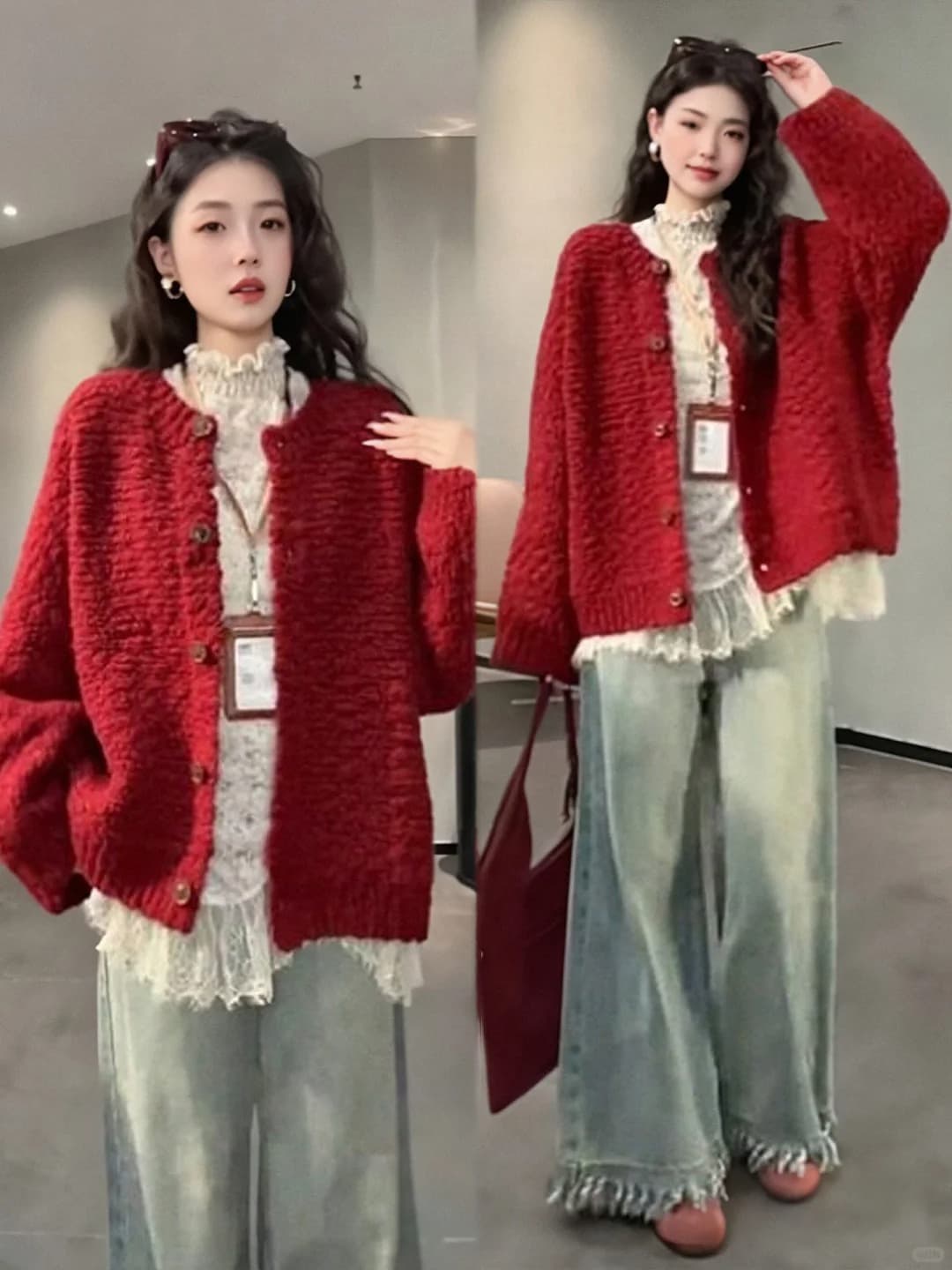 한 부서 부드러운 찹쌀 레트로 두꺼운 신년 빨간색 스웨터 오픈 가디건 여성 겨울 루즈핏 슬림해 보이는 싱글 줄 버튼 니트 재킷 상세 이미지 5