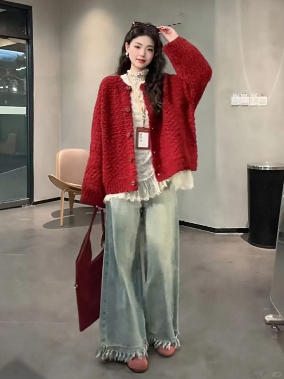 한 부서 부드러운 찹쌀 레트로 두꺼운 신년 빨간색 스웨터 오픈 가디건 여성 겨울 루즈핏 슬림해 보이는 싱글 줄 버튼 니트 재킷 상세 이미지 6