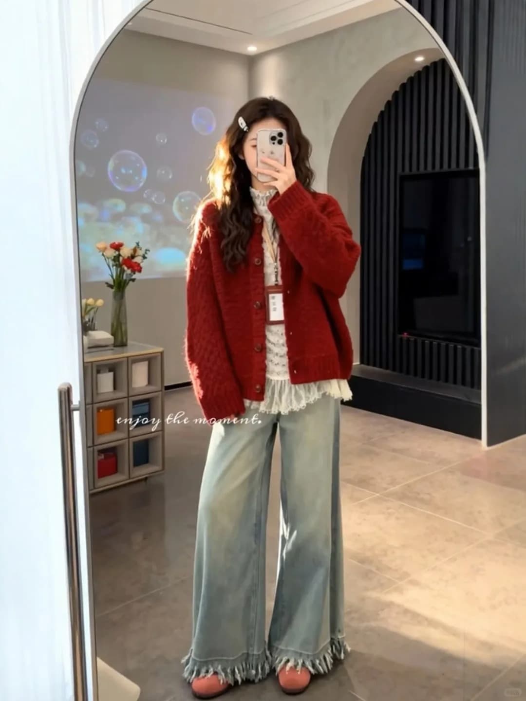 한 부서 부드러운 찹쌀 레트로 두꺼운 신년 빨간색 스웨터 오픈 가디건 여성 겨울 루즈핏 슬림해 보이는 싱글 줄 버튼 니트 재킷 상세 이미지 21