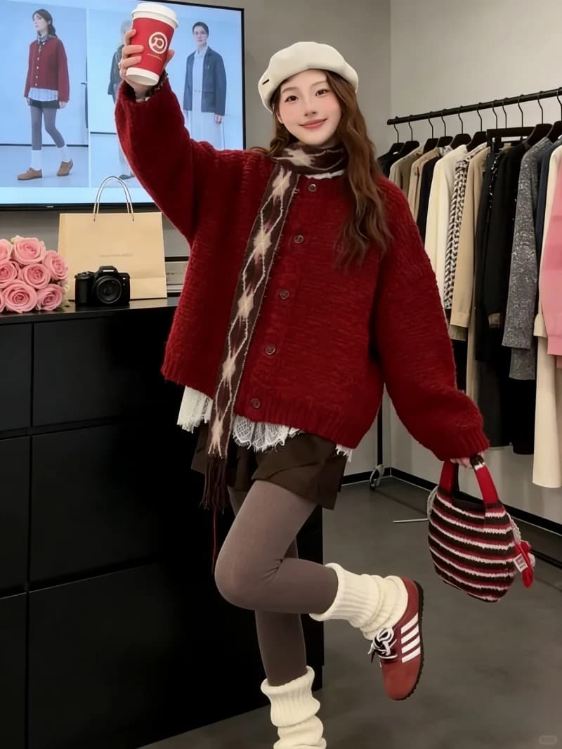 한 부서 부드러운 찹쌀 레트로 두꺼운 신년 빨간색 스웨터 오픈 가디건 여성 겨울 루즈핏 슬림해 보이는 싱글 줄 버튼 니트 재킷 상세 이미지 23
