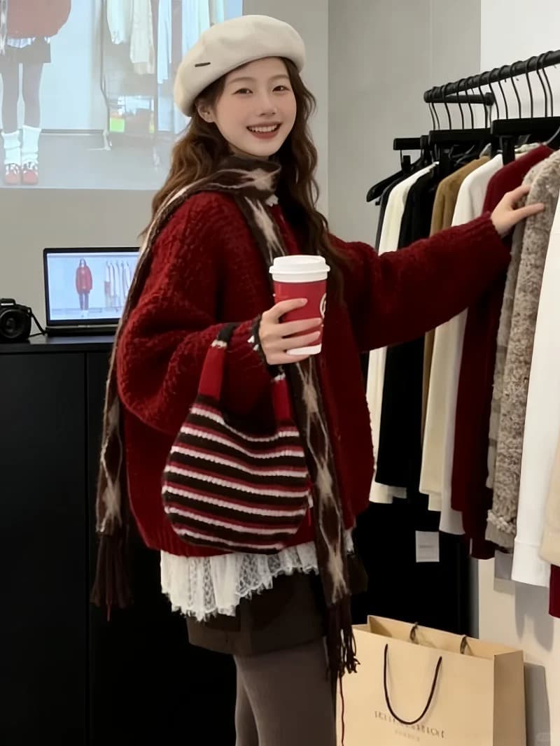 한 부서 부드러운 찹쌀 레트로 두꺼운 신년 빨간색 스웨터 오픈 가디건 여성 겨울 루즈핏 슬림해 보이는 싱글 줄 버튼 니트 재킷 상세 이미지 24